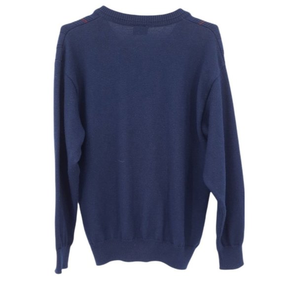 VTG 90s Kingfield Navy Blue Wool V-Neck Geometric Embroidered Velvet Sweater L - Picture 10 of 10